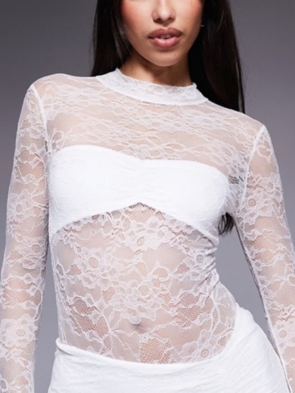 NWT Wanderdoll Bodysuit XL White Lace Long-Sleeve Sheer Mock Neck ASOS Back Zip
